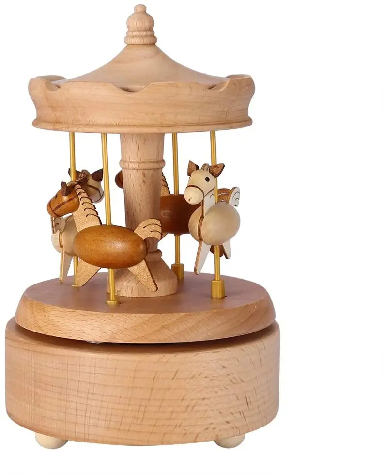 Tailai  Mechanism Carousel Wooden Music Box Merry-Go-Round Horse Musical Box Birthday Gift for Kids Girls Friend Home Decor