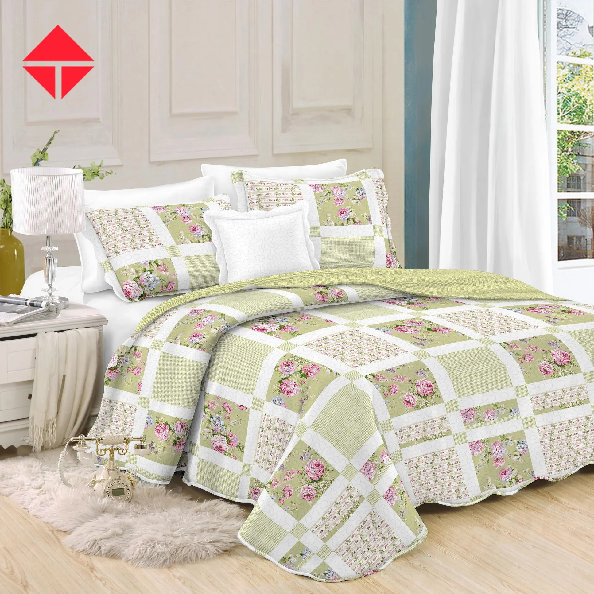 Hot sale luxury and comfortable indoor bedding smooth feel ultrasonic soft bedspread coverlet beige color