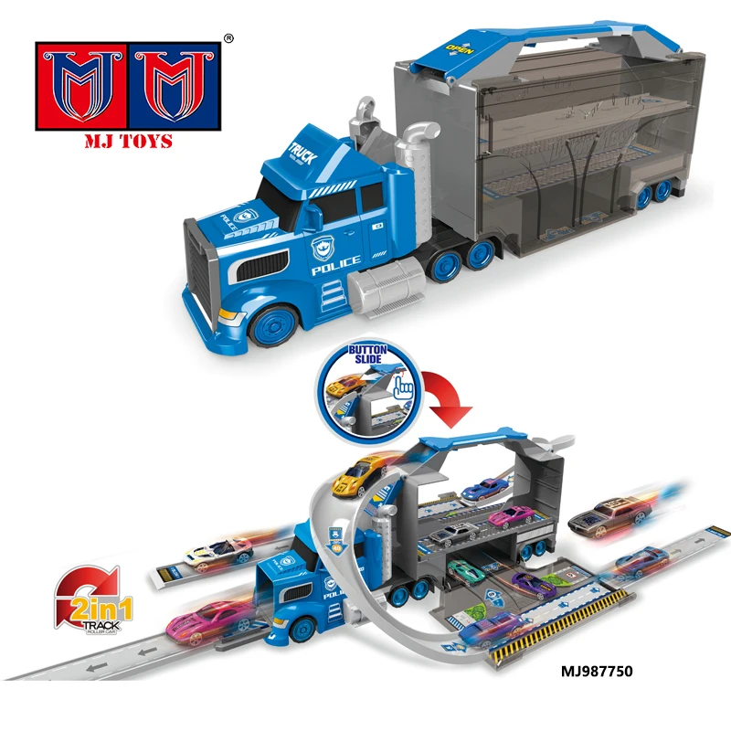 Portable Double-Door Police Container Storage Ejection Alloy Carrier Truck Transport Slot Toy Launchers Die Cast Metal Race Cars