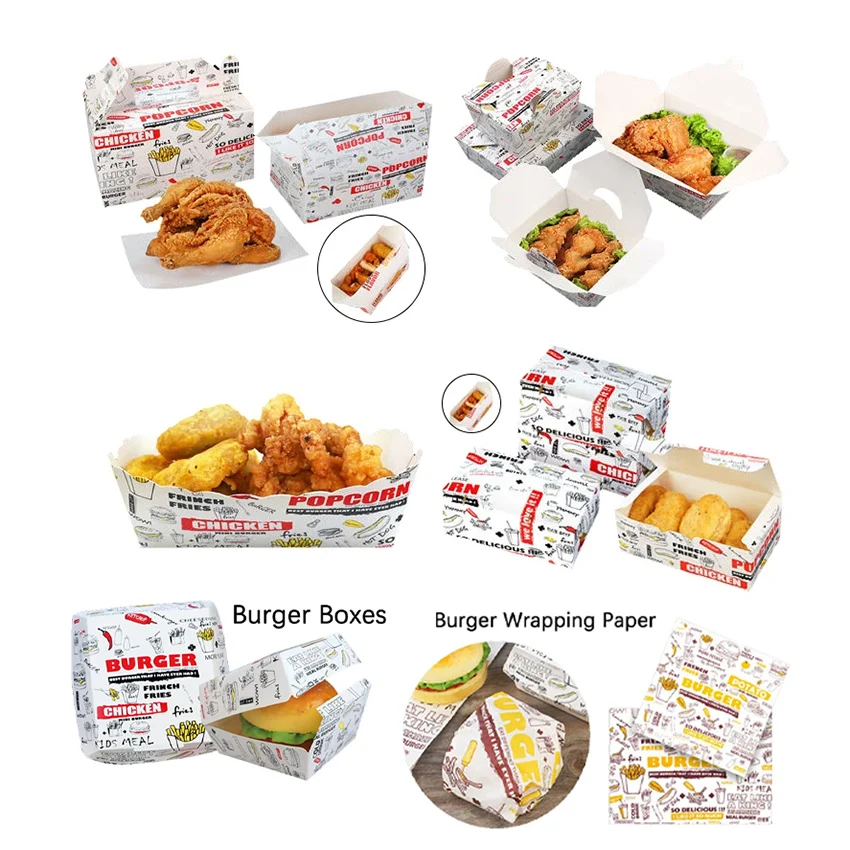 Custom Size Burger Box Disposable Oil Proof Fried Food Paper Packaging Box Chicken Cutlet Sandwich Paper Bag With Logo Print