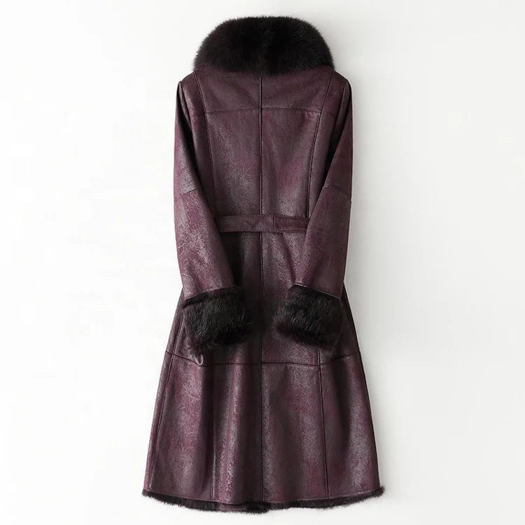 Luxury winter long style with belt real fox fur collar genuine fur jacket rabbit fur coat for women