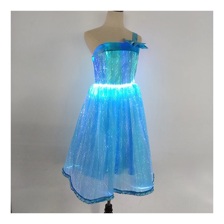blue 3 color changeable chase led fashion luminous glitter fiber optic dress for performance and event party lighting