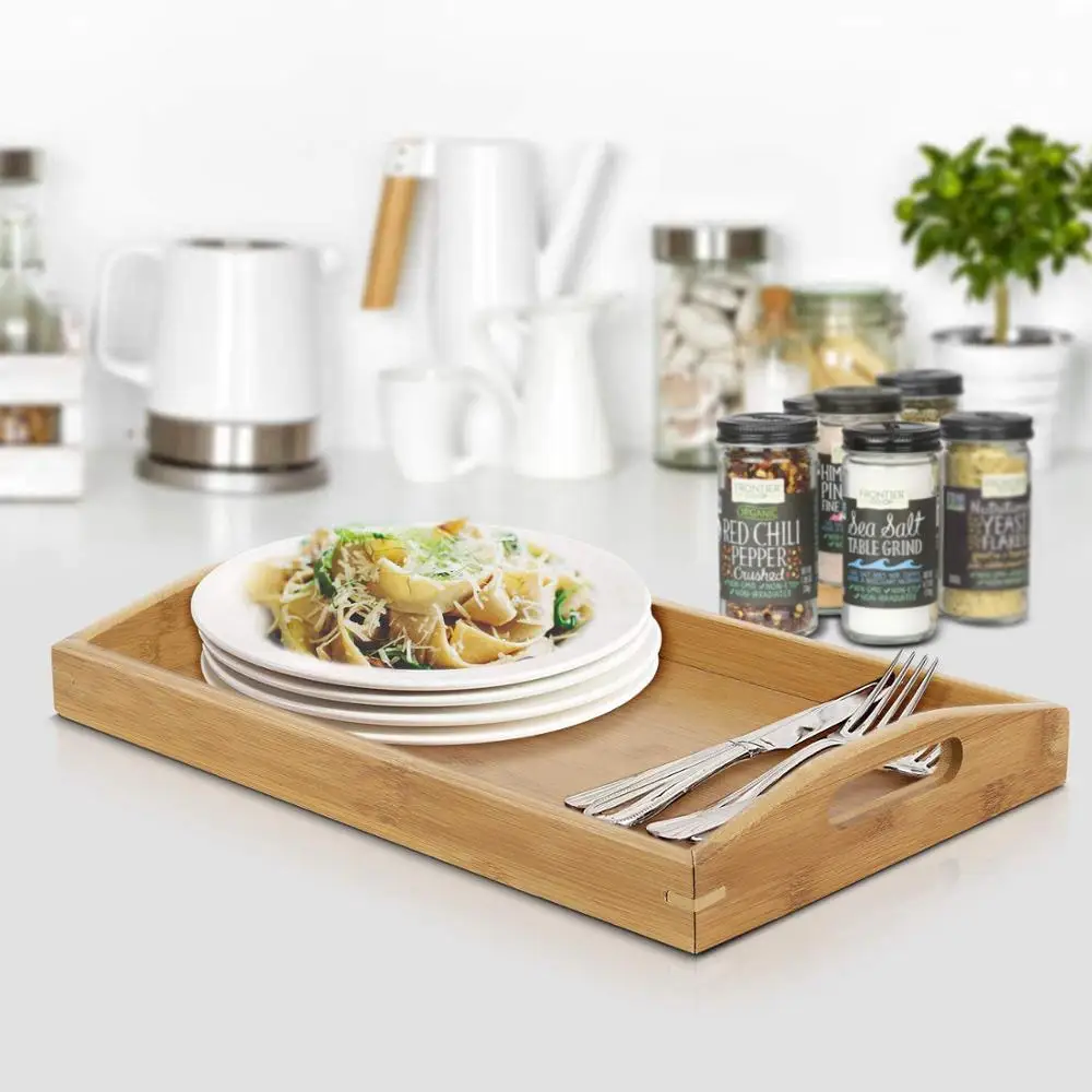 
Combohome Natural Bamboo Rectangle Breakfast Coffee Food Table Serving Tray With Curved Handles 