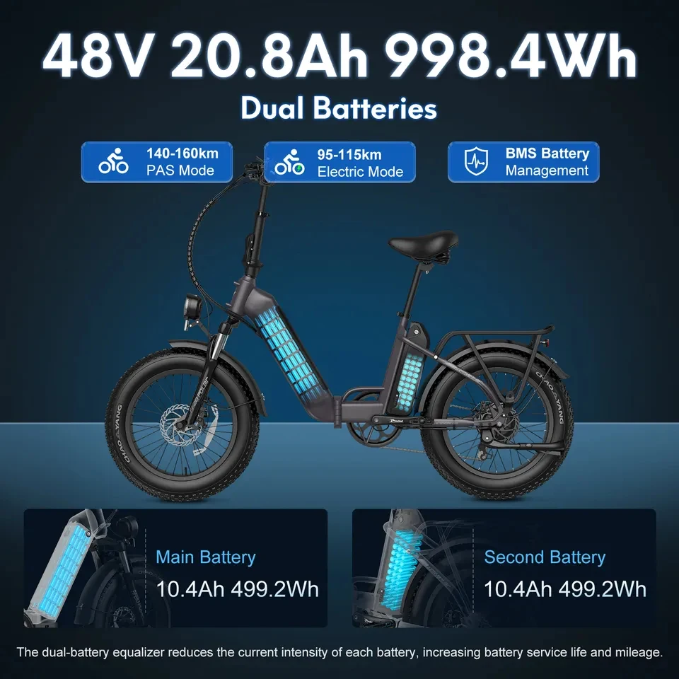 OEM Enduro Ebike Hybrid Cargo Bicycle 750W 48V 26AH 100km 20inch Fat Tire Electric Bike with Dual Battery