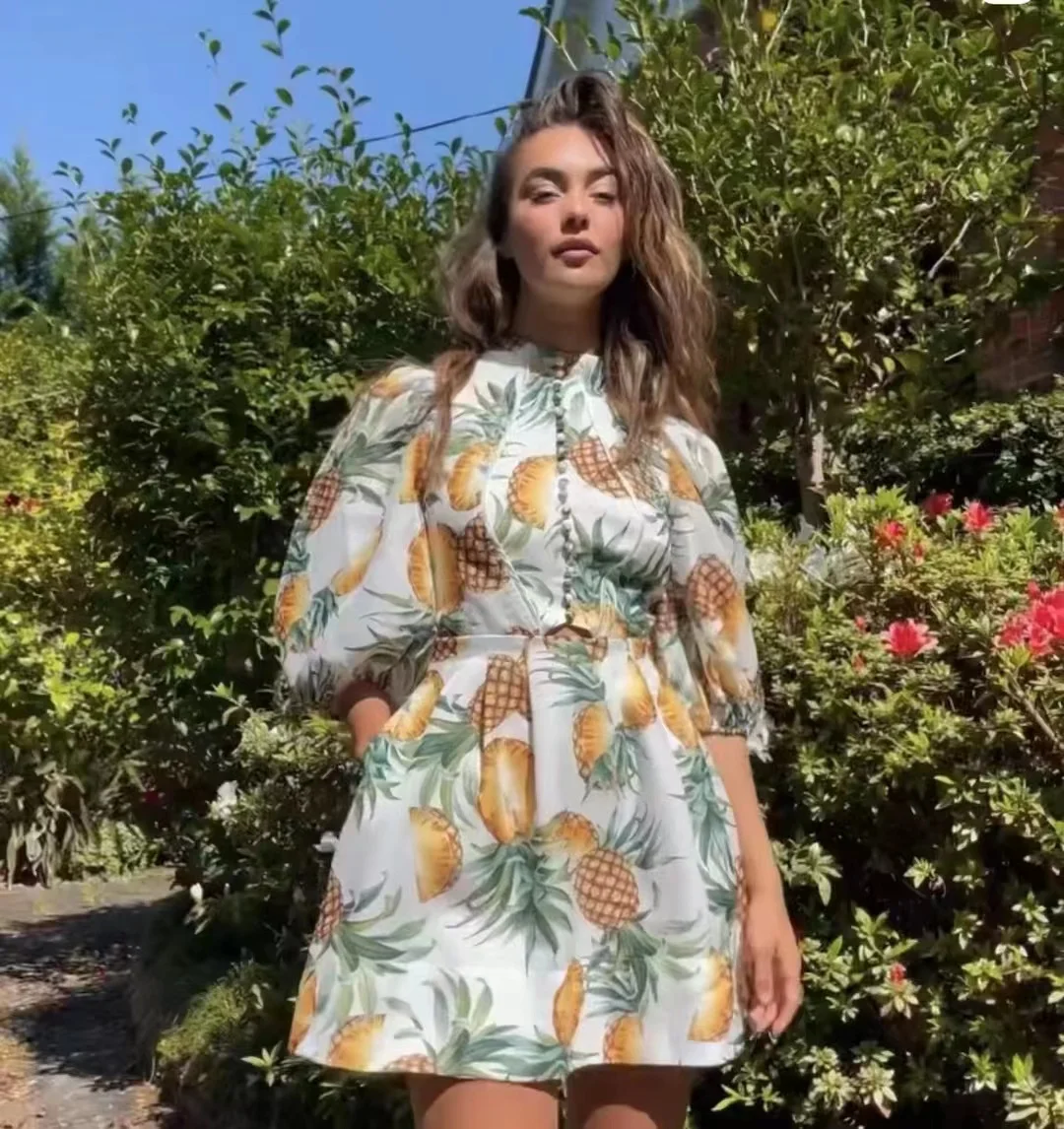 2022 Women Breathable Encanto Dress Korean Puff Sleeve Pineapple Pattern Mini Casual Dresses