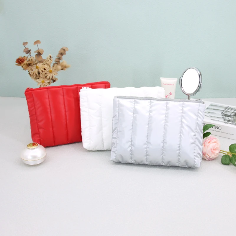 Custom Puffer Padded Quilted Nylon Black Cosmetic Makeup Make Up Toiletry Beauty Skincare Pouch Bag