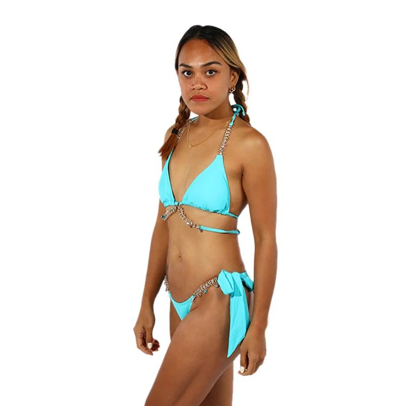 Fashion Fotos De Mujeres En Micro Bikini Bling Diamond Swimwear Blue Rhinestone Swimsuit Crystal String Bikini