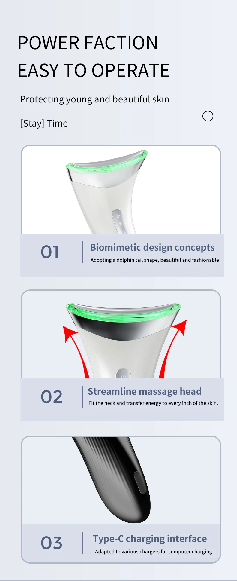 Mini Handheld LED Light Therapy Massager Anti-Aging Wrinkle Skin Lifting U Shape Device with USB Plug for Facial Neck Uplifting