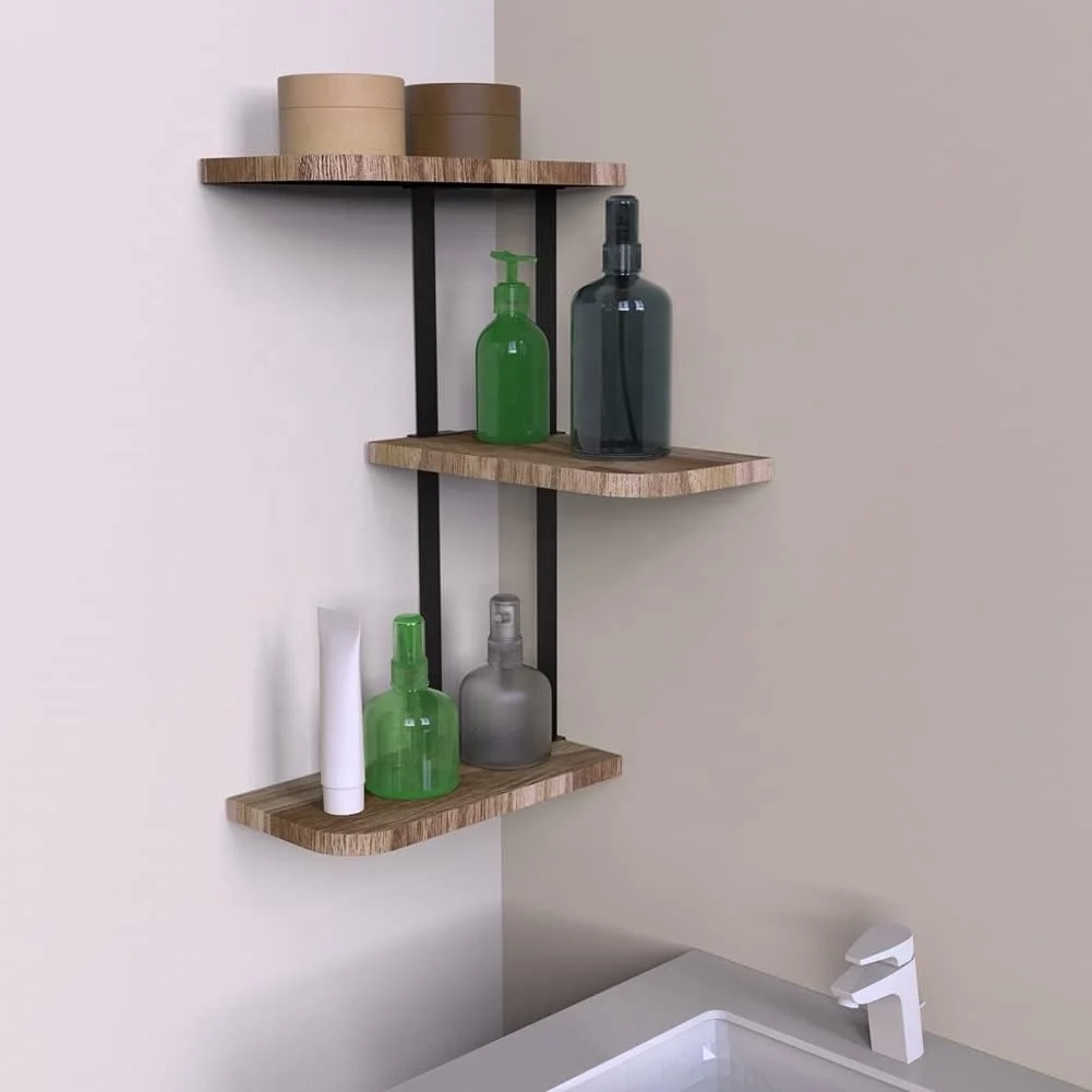 3-Tier Floating Wood Shelves for Kitchen Bathroom Living Room-Wall Mounted Display Rack Decor Corner Shelf