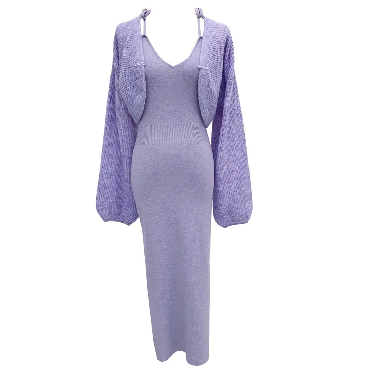 Autumn 2022 new arrivals knitted women casual long deep V neck sweater mohair dresses with short knitted jacket