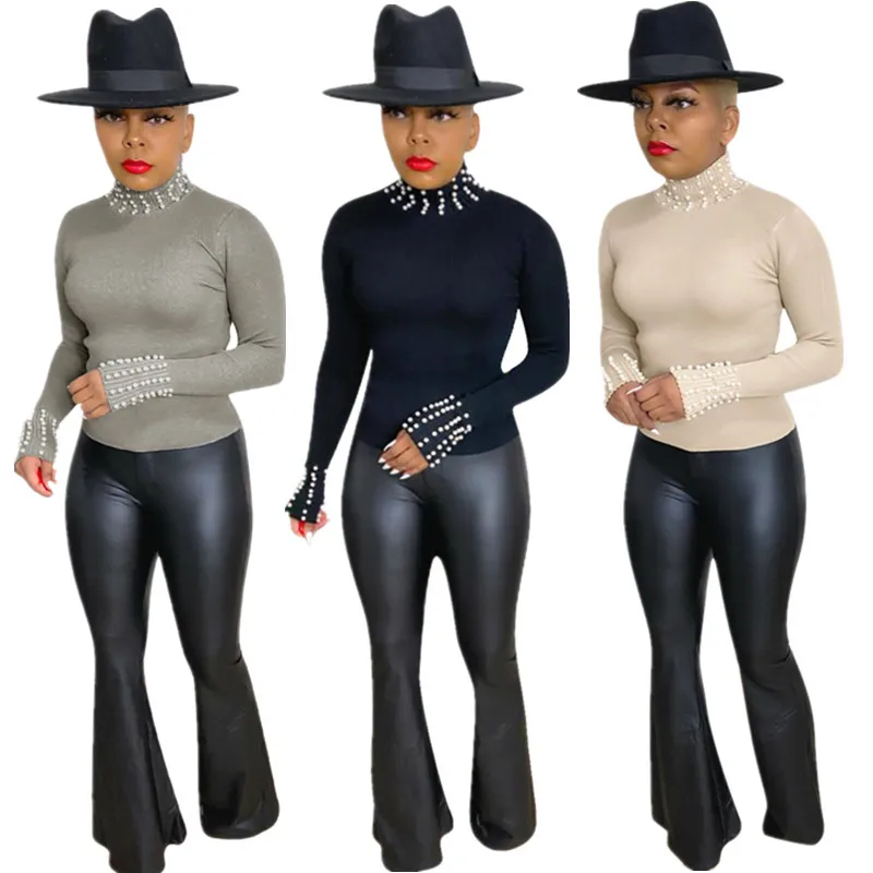 BR2746 Autumn and Winter Pearl turtleneck long sleeve T-shirt women