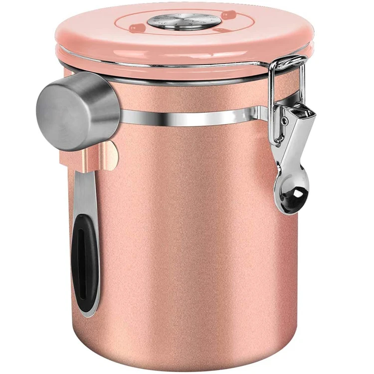 PURPLESEVEN 16oz Stainless Steel Coffee Grounds Beans Container with Date Tracker CO2 Release Valve Measuring Scoop Airtight Lid