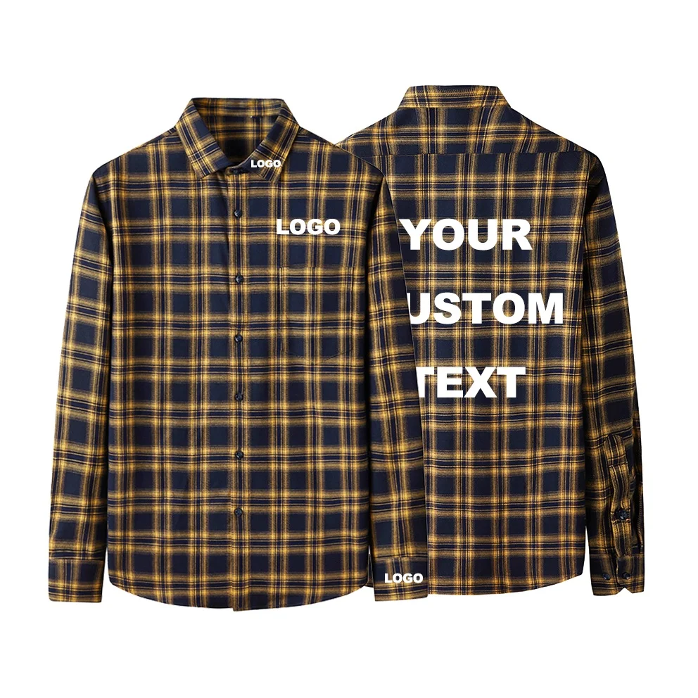 Wholesale Factory Custom Logo Embroidery Cotton Men Casual Oversize Button Down Kemeja Flannel Shirts Plaid Long Sleeve Shirt