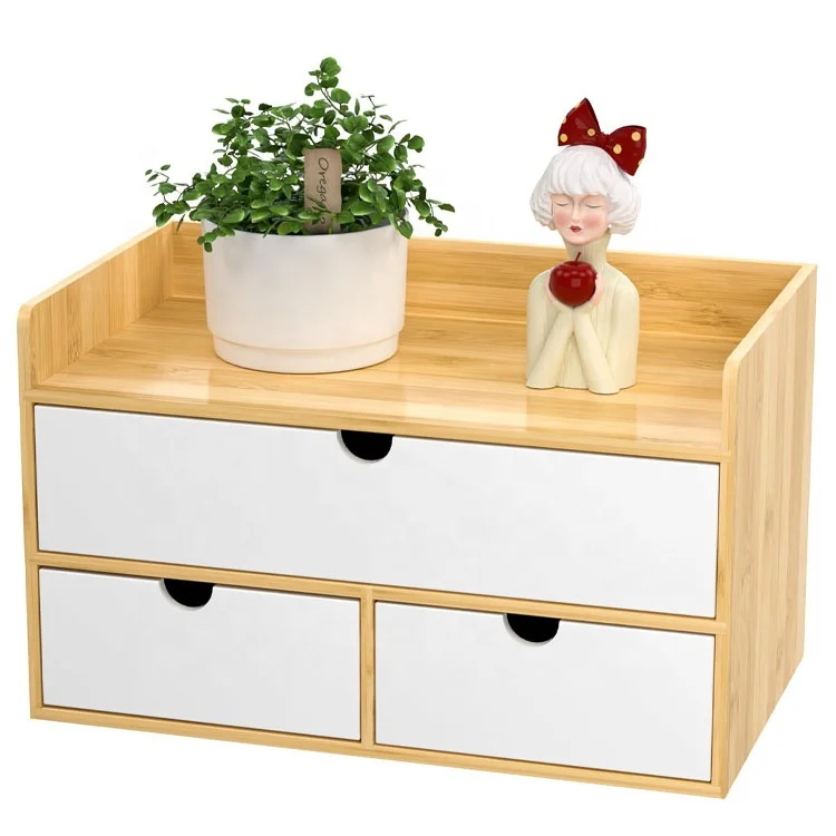Office Supplies Natural and White  Bamboo Desktop Storage Organizer with Drawers