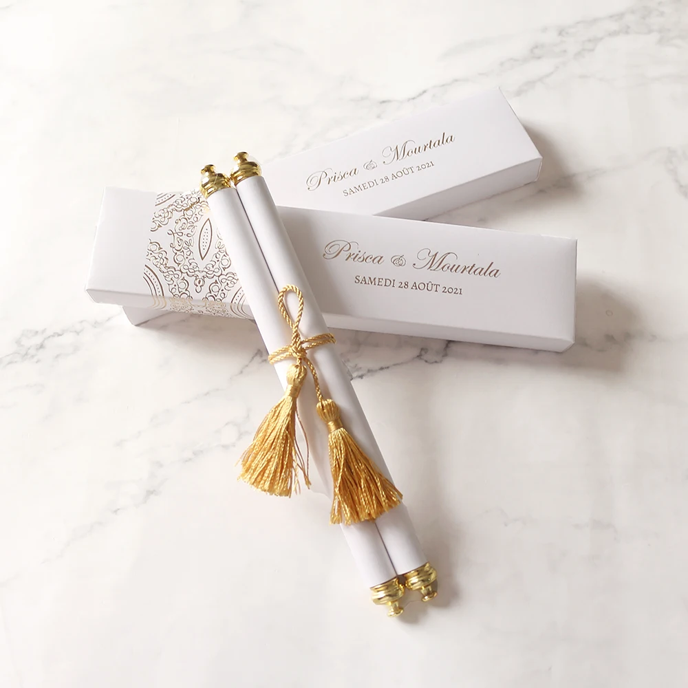 Hot Selling Royal Scroll Menu Card With Hot Stamping Foil Tassel Luxury DIY Wedding Scroll Invitations