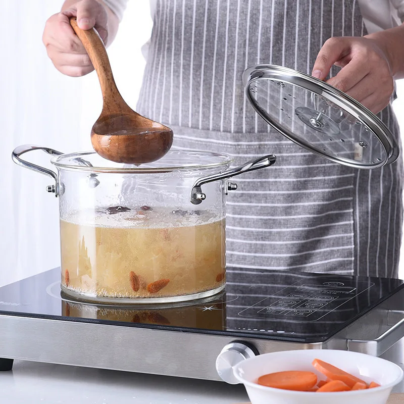 new design borosilicate clear glass cooking pot cookware set Stainless steel handle