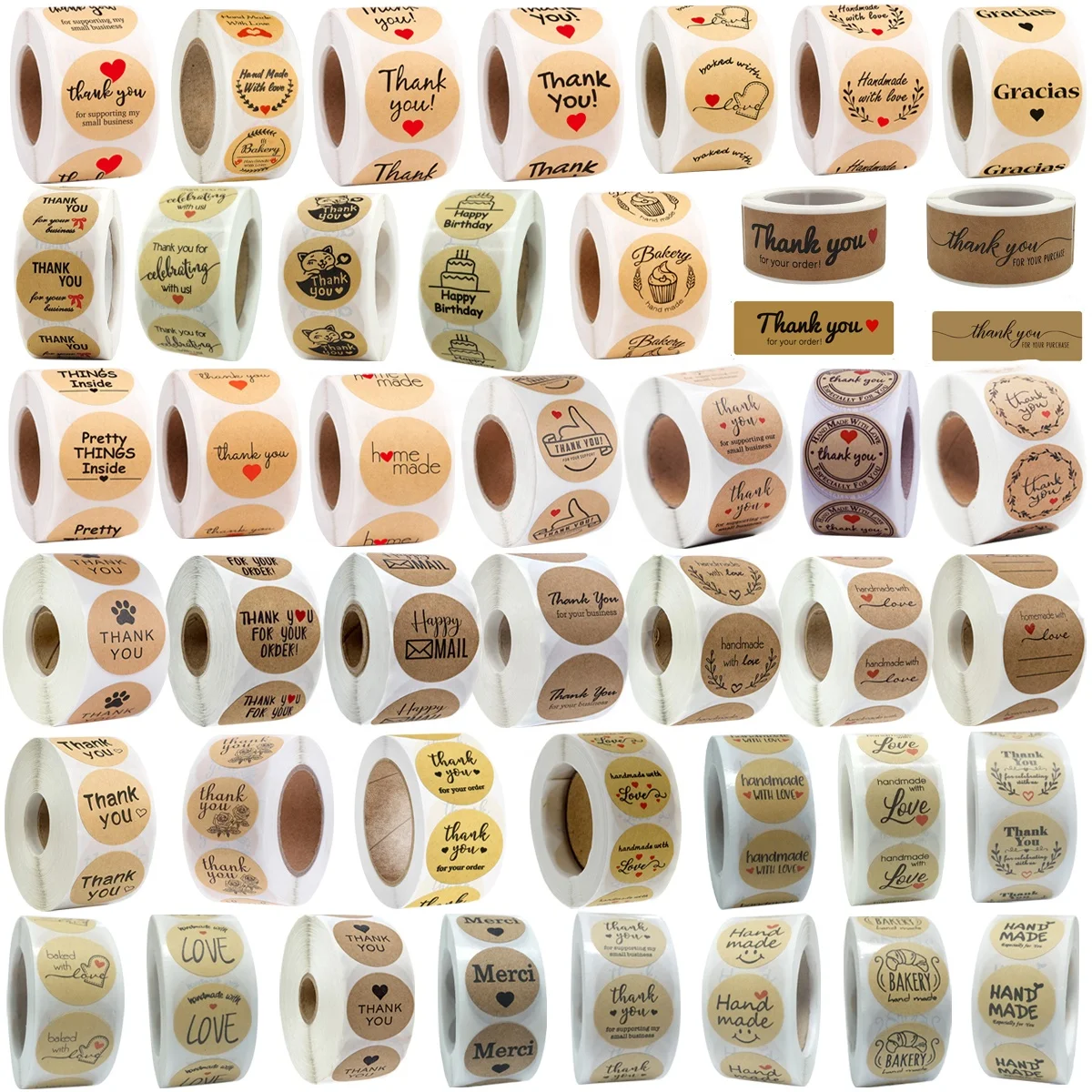 Hot sale 1inch Round 500pcs Roll Self Adhesive Handmade With Love Vellum Kraft Paper  baking cake  thank you Sticker