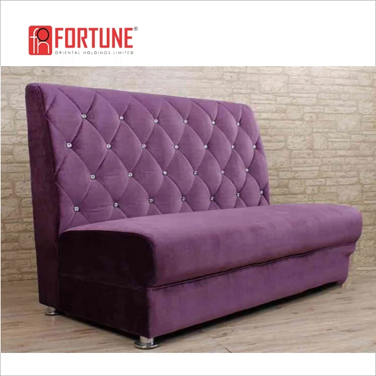 High end restaurant purple velvet fabric bench fast food furniture sofa seating with diamond button design(FOH-HRS44)