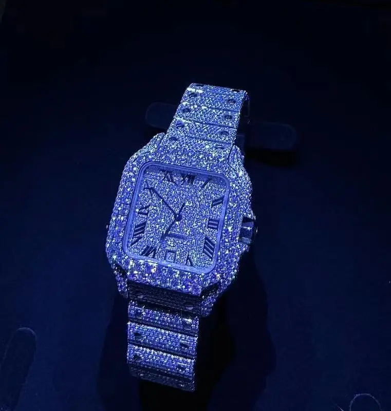 moissanite watch diamond Men iced out hip hop jewelry Fashion Quartz Male Clock Stainless Steel moissanite watch