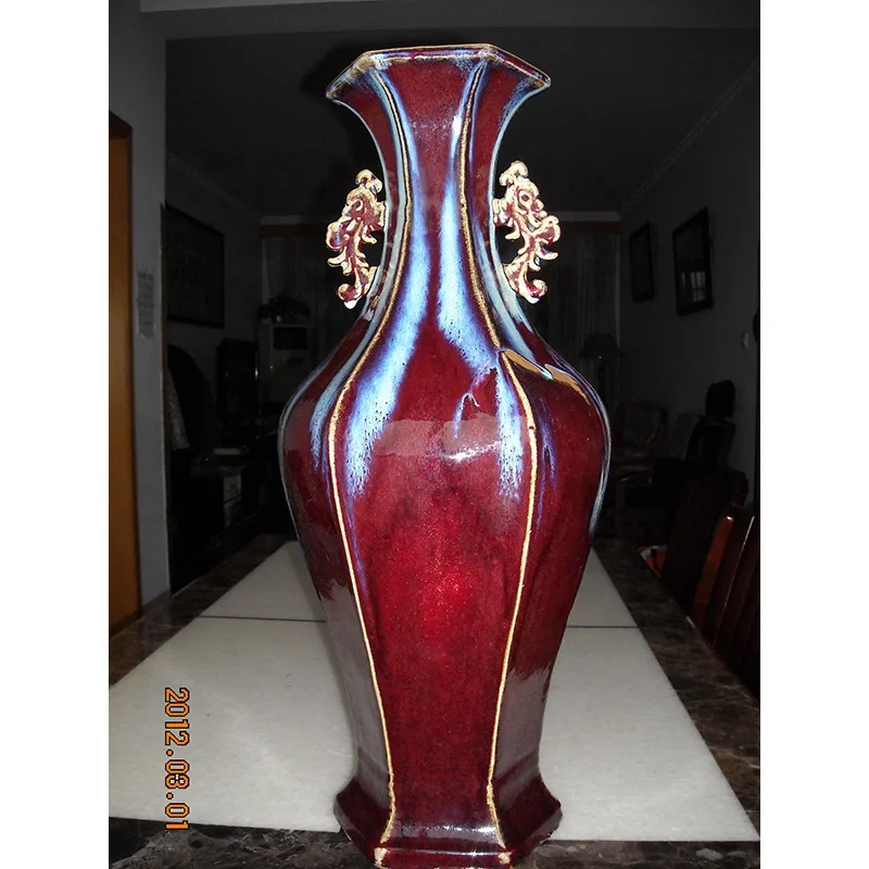 Chinese Traditional Decorative Luxury Jingdezhen Porcelain Antique Vase Living Room Six-Sided Long-Necked Ear Ornamental Bottle