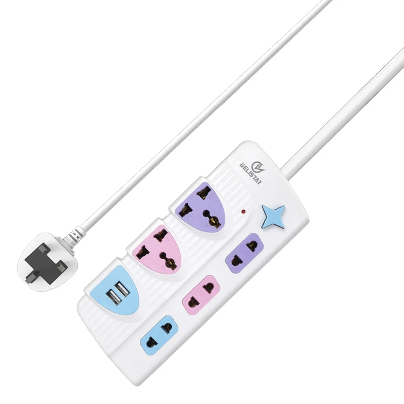 Universal standard Multifunction 3 outlet power strip colorful 2m cable extension wire socket with 2 usb charging port