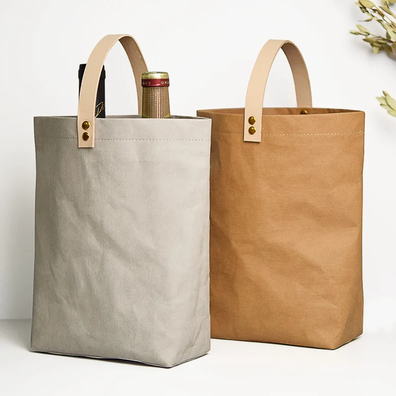 Custom New double bottle wine bag gift bag wash recycled brown kraft paper handbag 2 bottle literary wine bags