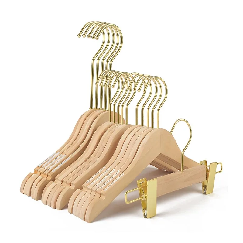 Custom Logo Brand kids Non Slip Wooden Gold Boutique Luxury Hangers with Clips