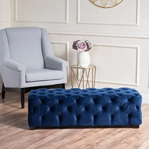 New home decor blue tufted velvet fabric rectangle upholstered ottoman bench for bedroom