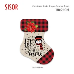 Wholesale Christmas Socks Shape Ceramic Trivet Custom Sublimation Tile Trivet With Cork Tableware  Heat Insulation pad