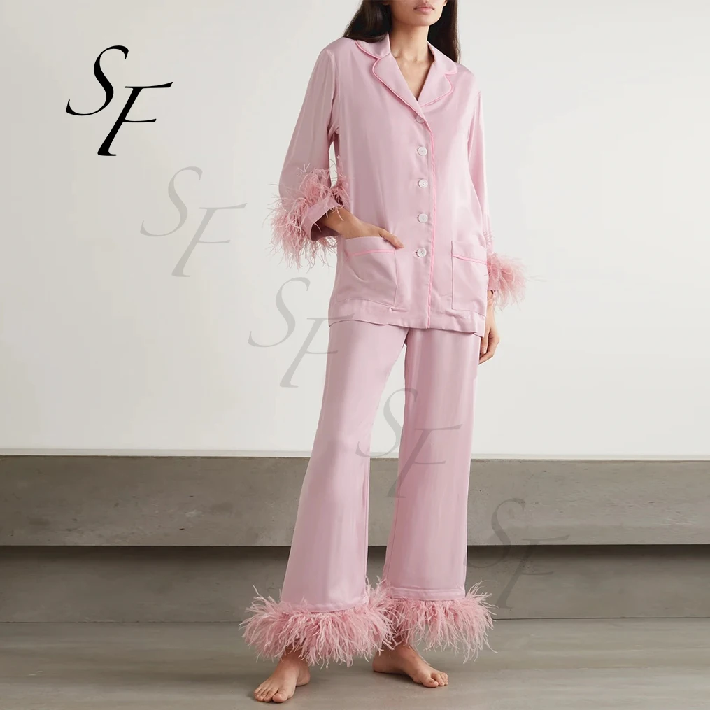 Custom 2 piece set long shirt and pants Pyjamas Set Cotton Ostrich Feather Sleepwear Women Pajamas