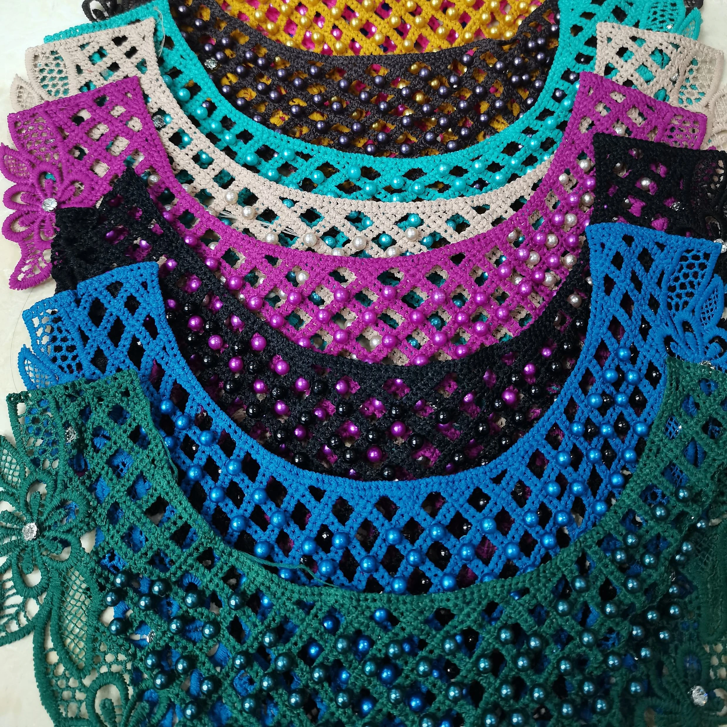 Cuello de encaje Luxury pearl rhinestone design neck lace collar embroidery milk yarn cotton collar pearl beaded lace trim 3d