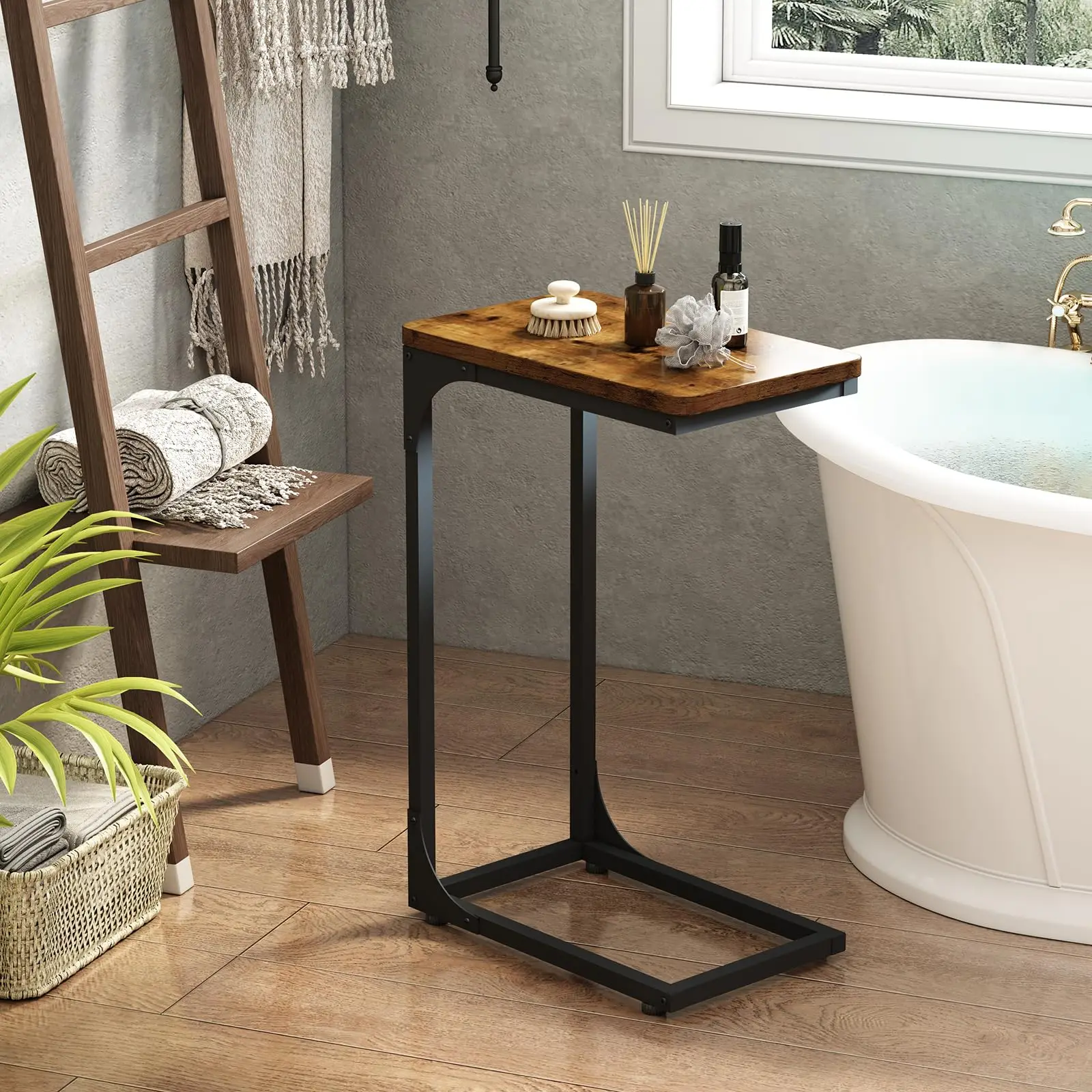 C Shaped Coffee Side Table Set of 2 Slim Couch Tray Tables Rustic Wood Grain and Black Metal table