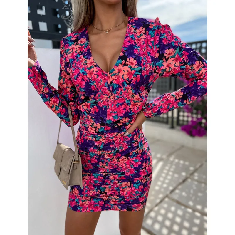 PRETTY STEPS New Design Women Floral Print Elegant Office Dress Long Sleeve Spring Summer Draped Sexy Mini Dresses