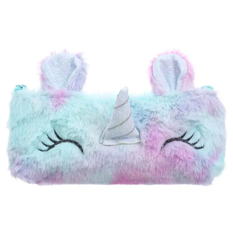 Soft pencil bag Unicorn animal pencil case faux fur  Cosmetic  pouch hand bag customized plush animal bag wholesale