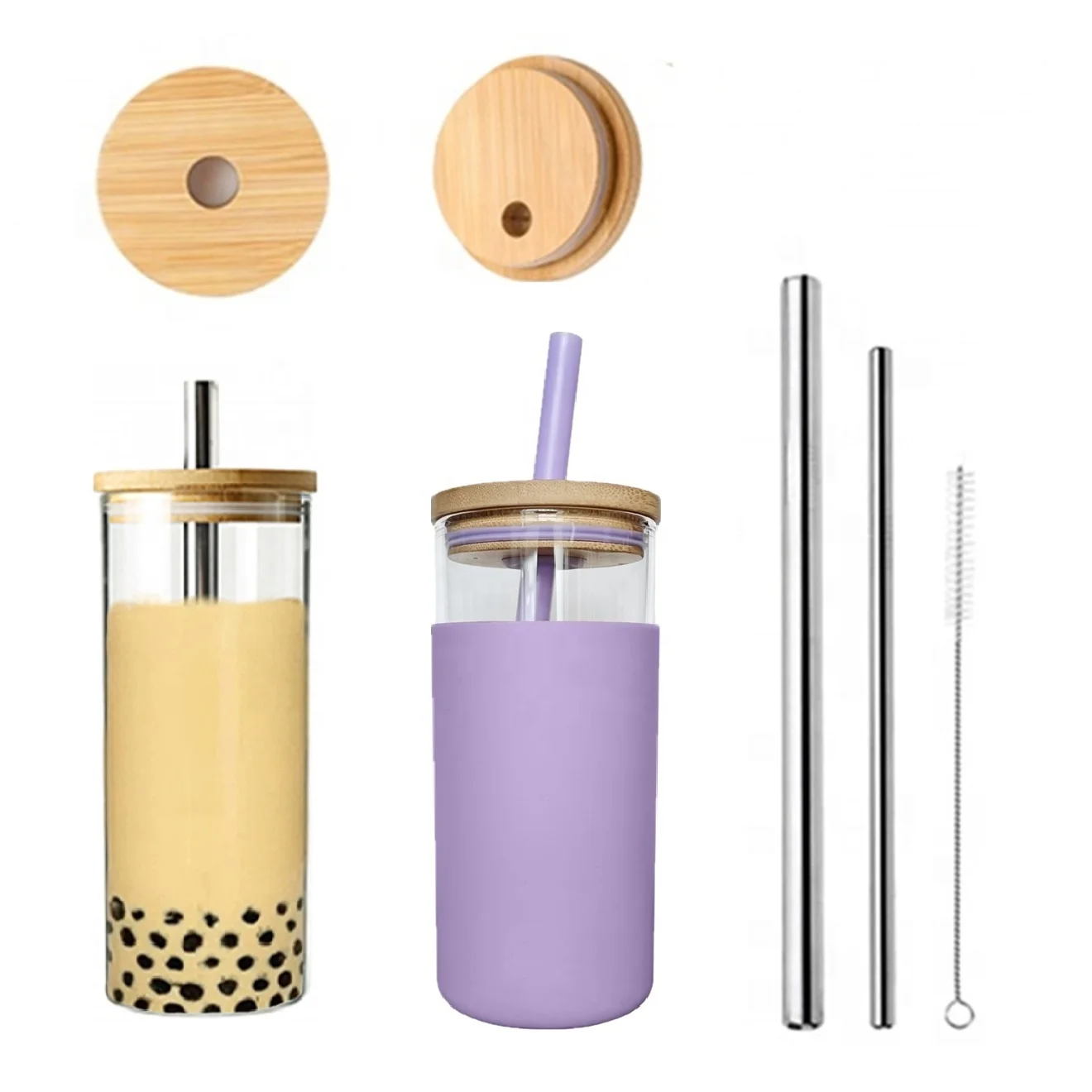 
reusable glass cup water bottle bamboo wood lid with silicone seal and straw boba tumbler 