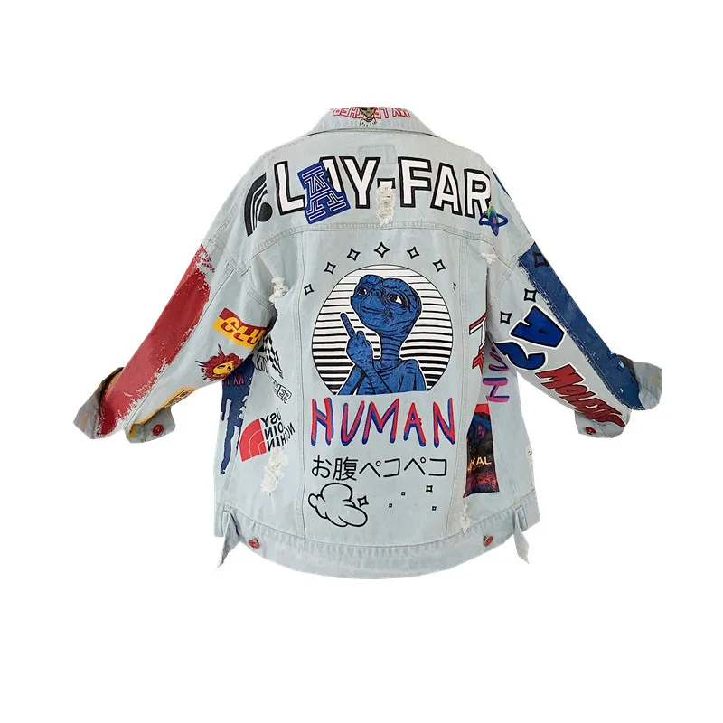 2024 Новая модная джинсовая куртка в стиле хип-хоп с принтом мужская хлопковая Повседневная Уличная Короткая Стильная пальто для мужчин весенняя