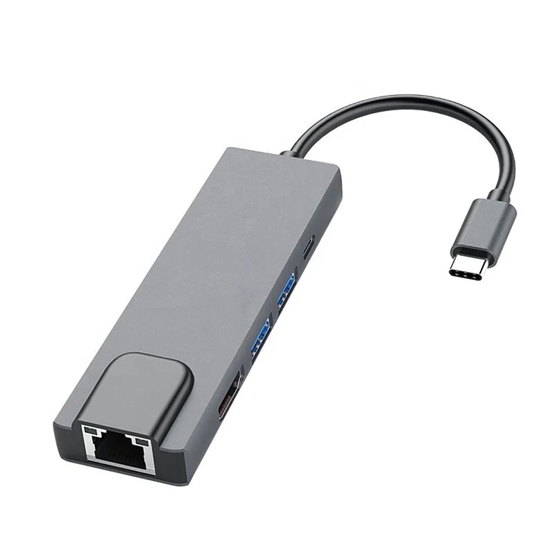 5 in 1 type c hub Adapter with1000M RJ-45 Gigabit Ethernet Port 4k Output 2 USB 3.0 Ports USB C Power Delivery