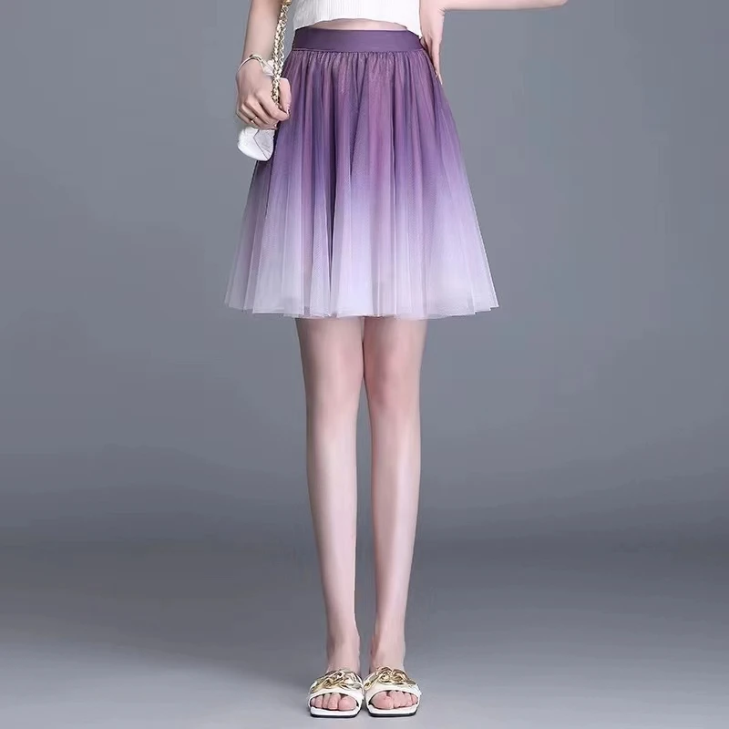 Tulle Skirt Women Elegant High Waist A-line Pleated Gradient Color Adult Women Mesh Ballet Skirts