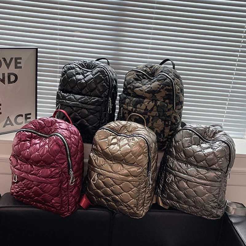 High Quality Women Outdoor Travel Backpack Winter Cotton Padded School Bags Waterproof Nylon Camouflage Pattern Backpack