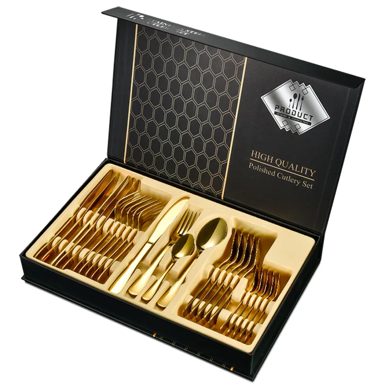 Hot Selling 24 Pcs Gift Set Gold Flatware Stainless Steel Cutlery Set with Box 24pcs Flatware Sets