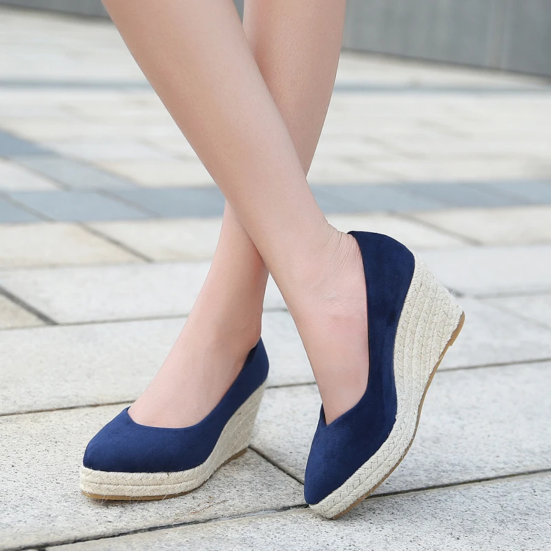 Hot sales pointy toe shoes ladies wedges jute ropes slip on shoes women casual shoes