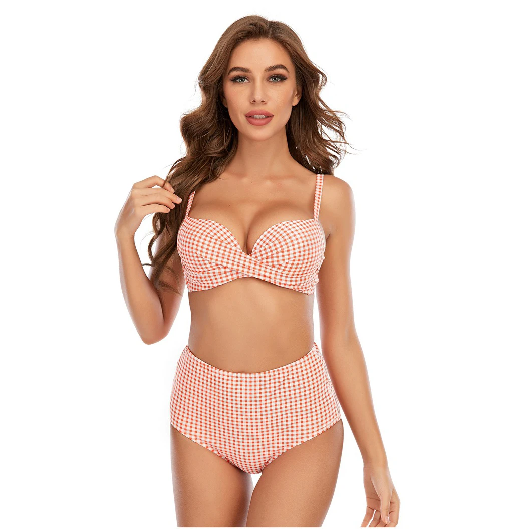High Quality Wholesale Designer Swimwear Plaid Print Swimsuit Push Up Bikini Women High Waist Swimwear
