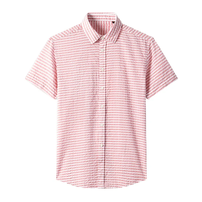 High Quality Summer Slim Youth breathable anti-wrinkle Square collar Business Casual Dark Red Striped short-sleeved shirt Men