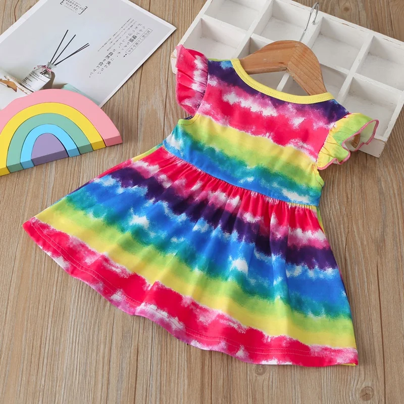 New Toddler Kids Baby Girls Dress Fly Sleeve Colorful Rainbow Striped Dresses for Girl Fashion A-line Sundress Summer Clothing