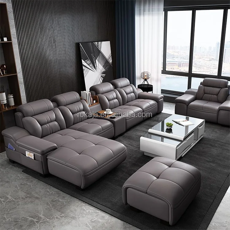 Projector Speaker Multifunctional Sofa Set 5 6 7 Seater Corner Combination Leather Sofa Large Size L-Shaped Sofa with Bookcase