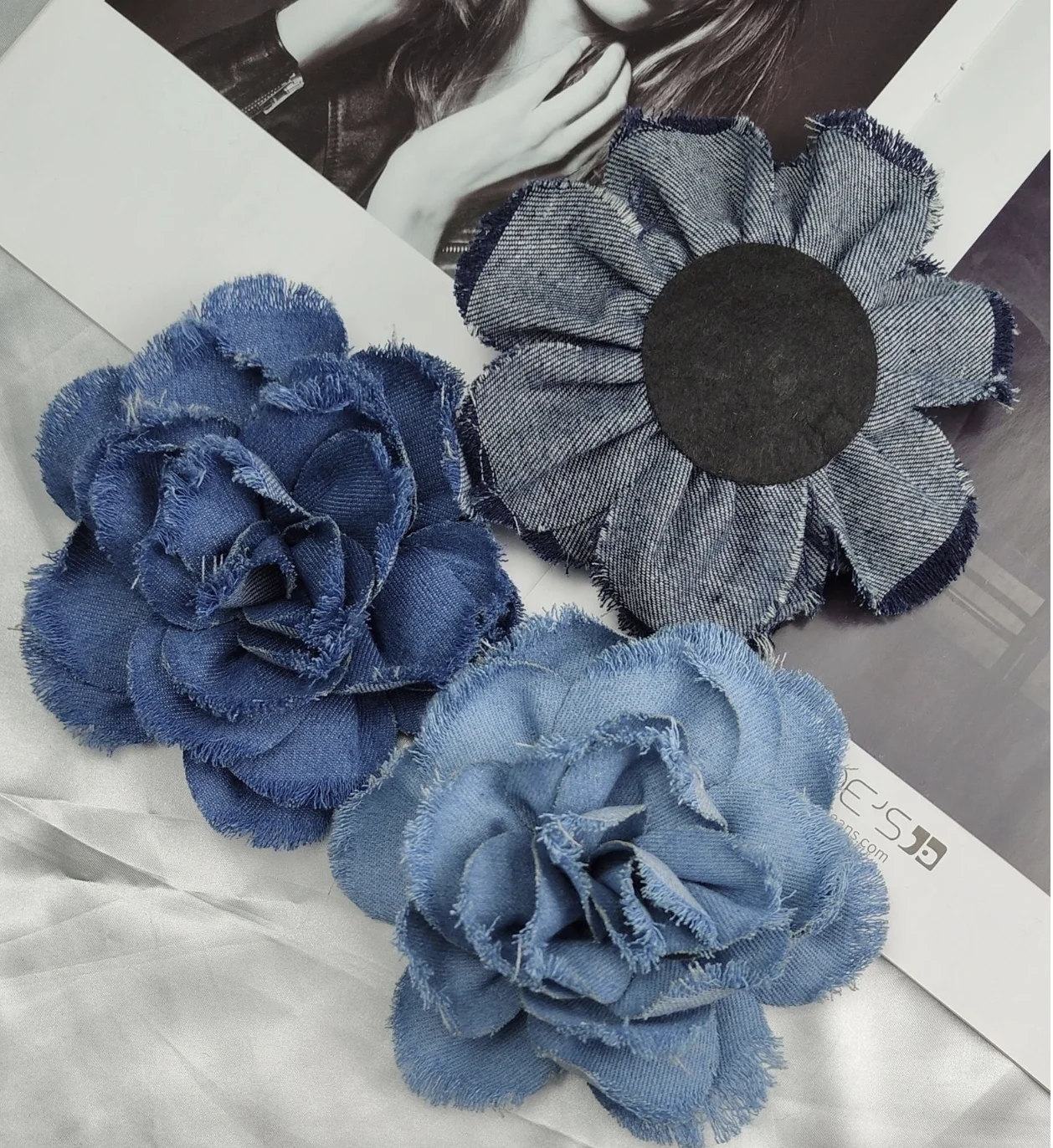 ZSY New Exaggerated Romantic Blue Denim Fabric Big Rose Flower Brooch Accessories Vintage Camellia Pendant Earrings Accessories