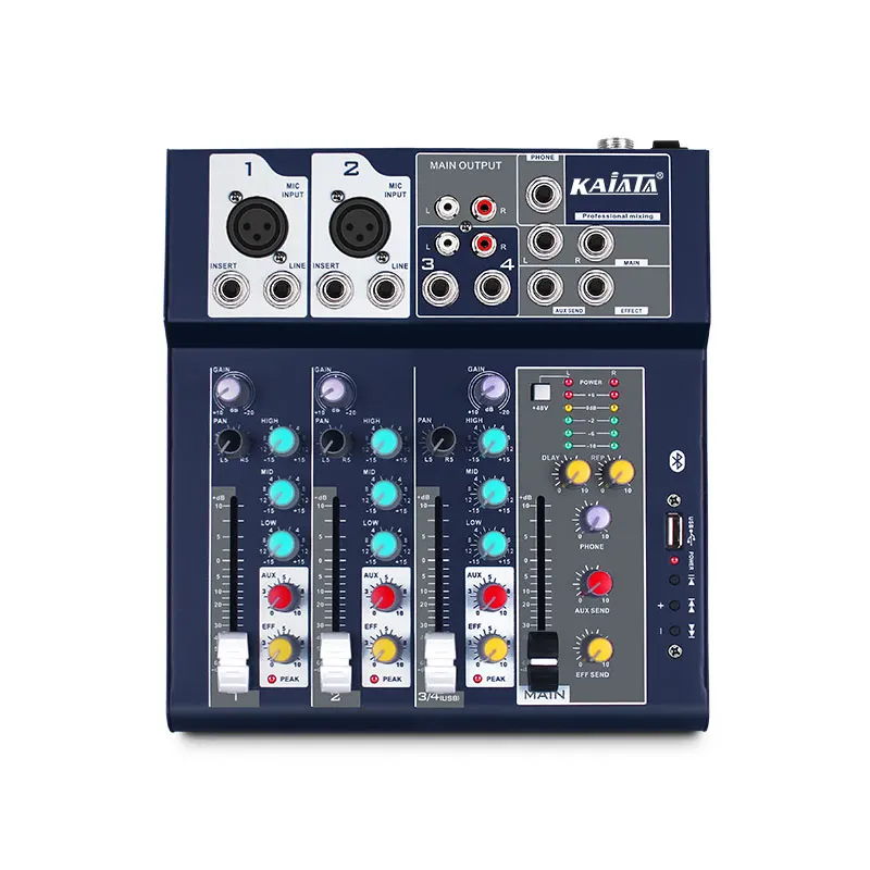 KAIKA F4-USB-5 Factory selling professional audio mixer 4 channels with 48V phantom power stereo output.
