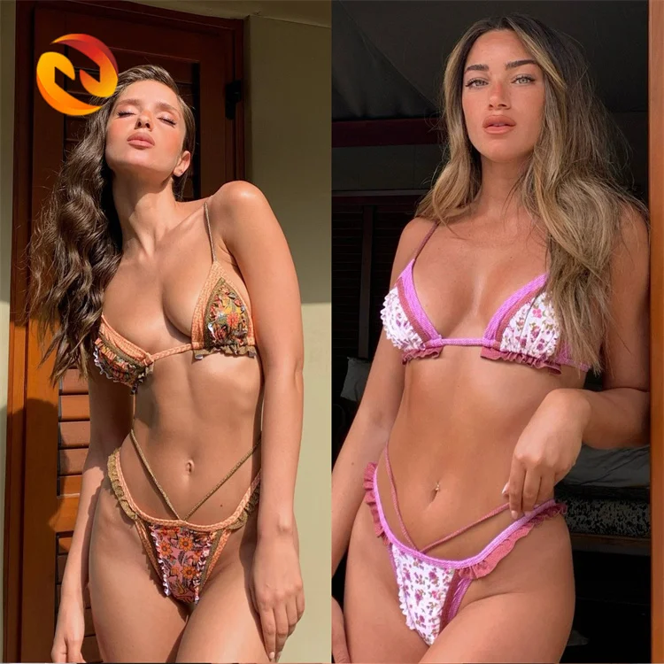 Bohemian Style Lace Up Oem Strap Bikini Custom Women Swimsuit Satin Bikini Set Sexy Girls Swimwear 2023