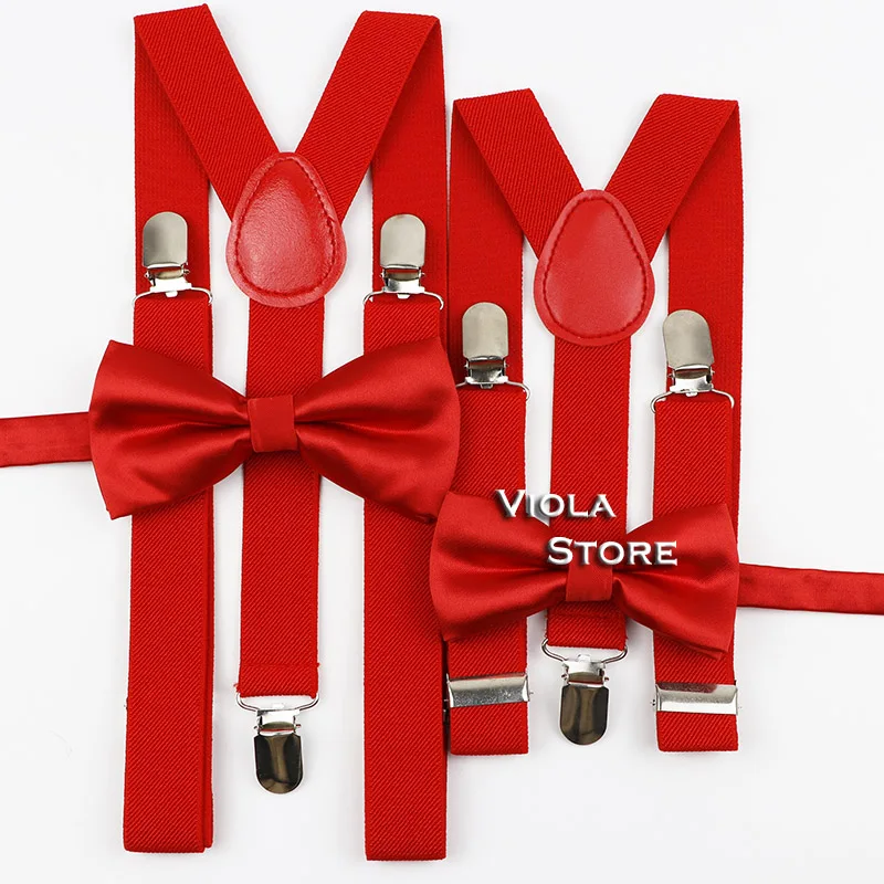 Soild 2.5cm Suspenders Glossy Bowtie Set Men Kids Red Brown Polyester Butterfly Y-Back Braces Party Dinner Shirt Pants Accessory