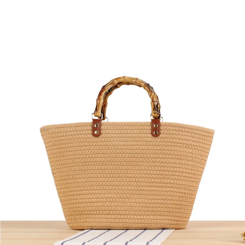 Wholesale Basket large capacity striped bamboo latest fashion straw bags casual tote bag cotton rope woven designer beach bag
